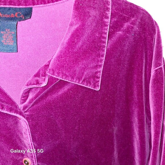 Y2K Denim & Co. Womens 2X Button-Down Velvet Long Sleeve Shirt Fuchsia - Picture 2 of 5